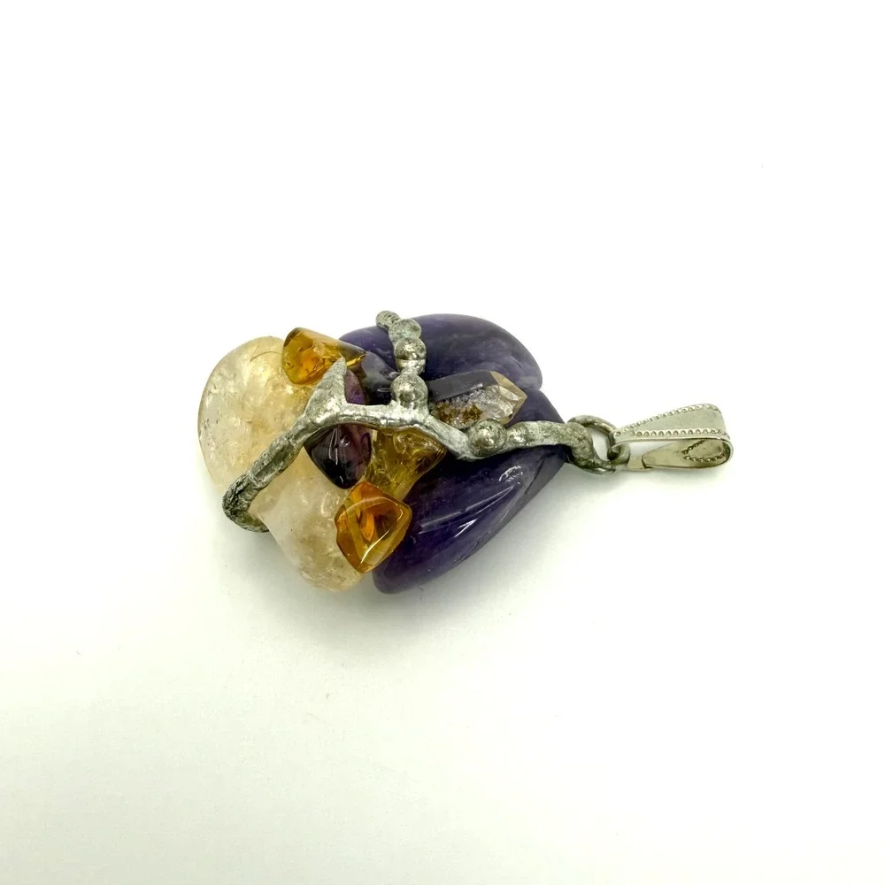 Amethyst Citrine Quartz Crystal Pendant Silver Tone Brutalist‎ Boho Artisan